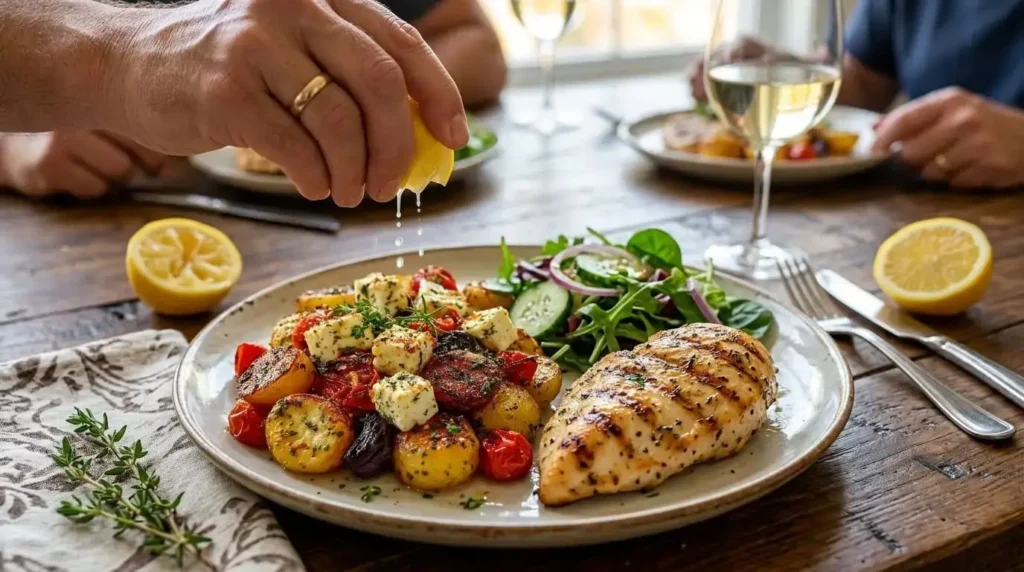 Roasted Mediterranean Potatoes served as a side dish with grilled chicken.