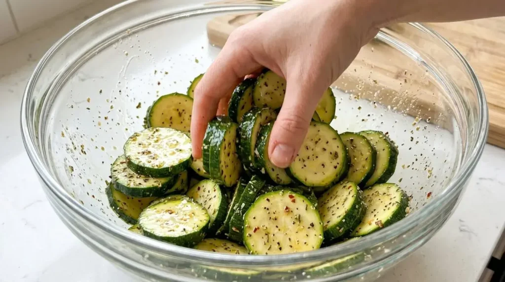 Tossing zucchini slices in olive oil and garlic seasoning.