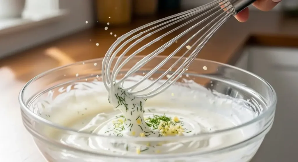 Close-up of homemade tzatziki dressing being whisked in a glass bowl.