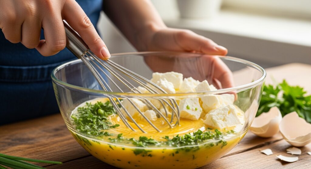 Whisking eggs with crumbled feta cheese and fresh herbs in a clear glass mixing bowl.