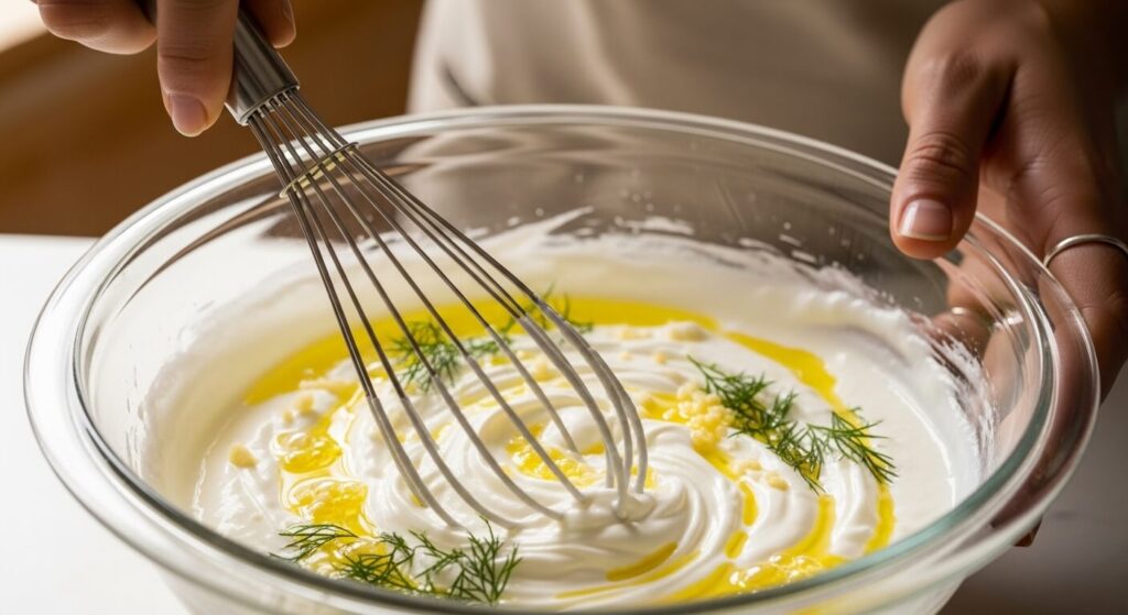 Whisking Greek yogurt dressing for creamy shrimp cucumber salad.