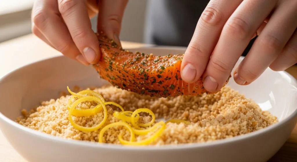 Dredging salmon strips in panko breadcrumbs and lemon zest.