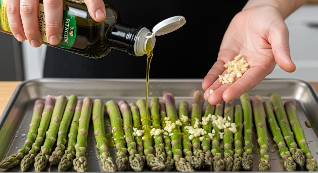 Seasoning asparagus with olive oil and garlic on a baking tray.