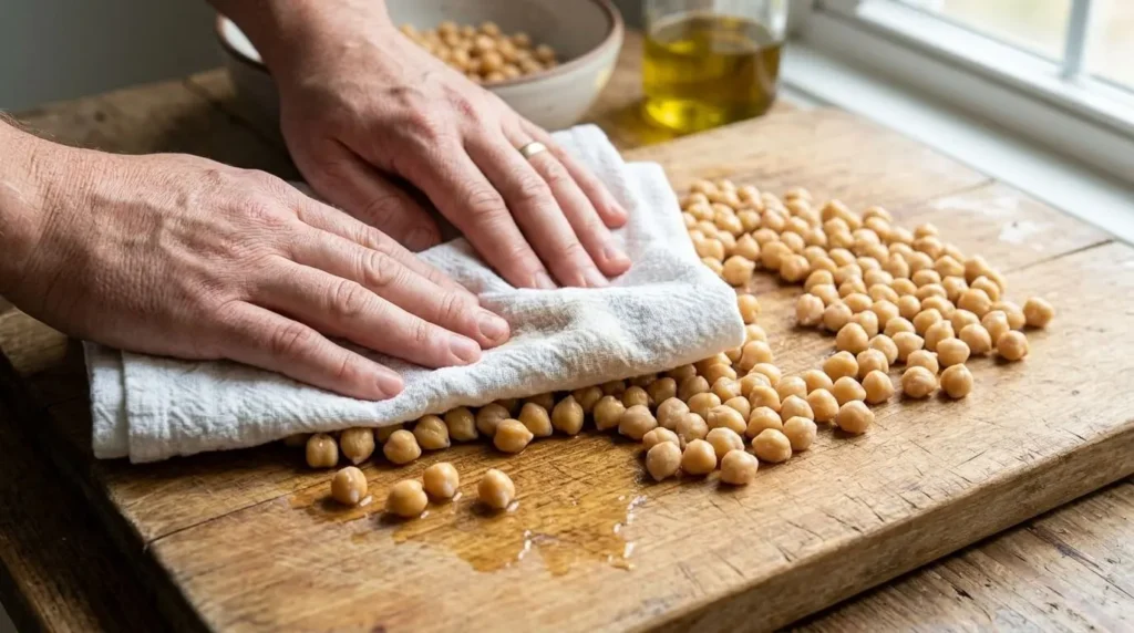 Drying chickpeas with a towel for a crispy roasted chickpeas recipe.