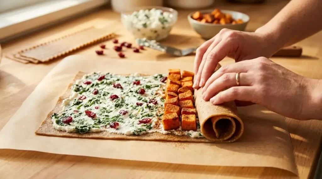 A close-up shot of hands rolling a lasagna noodle filled with creamy herb ricotta and caramelized roasted sweet potatoes on parchment paper.