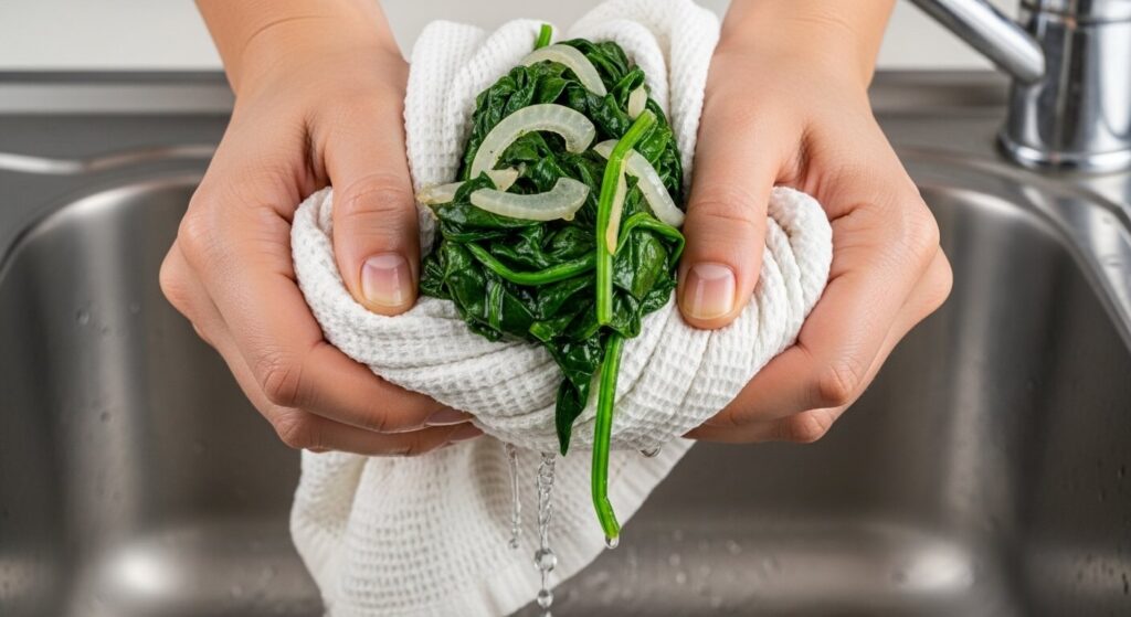 Hands squeezing excess water from cooked spinach with a kitchen towel.