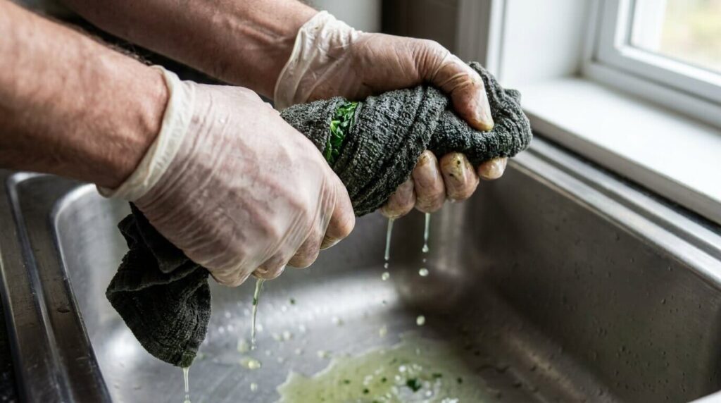 Squeezing excess liquid out of cooked spinach using a kitchen towel over a sink.