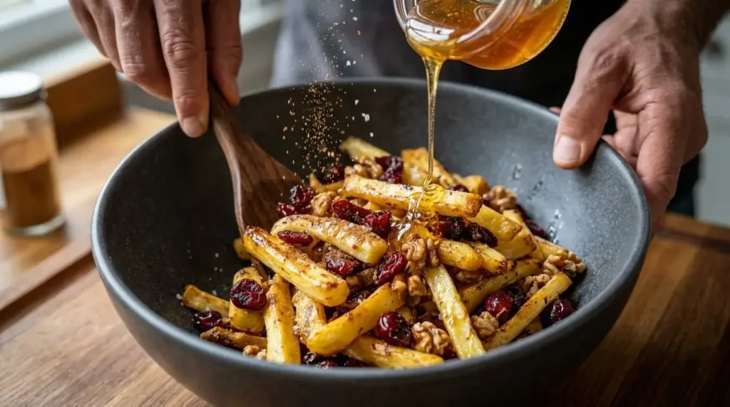 Tossing parsnip batons with olive oil, spices, and a drizzle of raw honey in a ceramic mixing bowl.