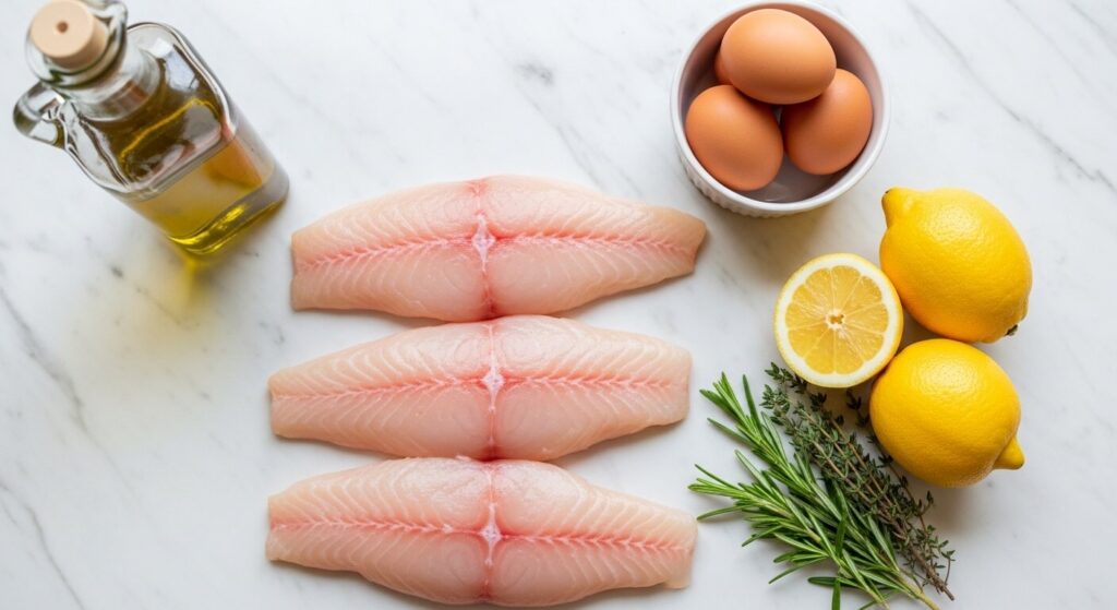 Ingredients for lemon fish soup: fresh fish, lemons, eggs, garlic, and herbs.