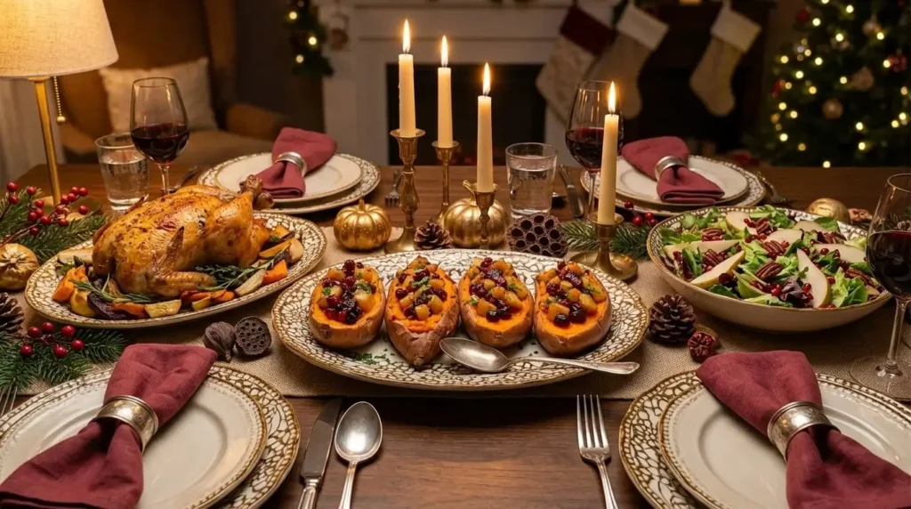 A festive holiday dinner table featuring a platter of loaded cranberry apple sweet potatoes alongside roasted poultry