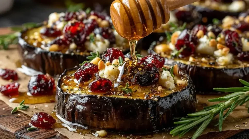 Honey being drizzled over roasted eggplant with cheese and cranberries.