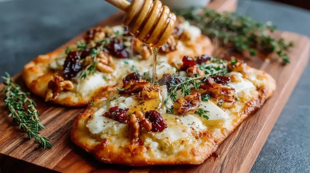 Hot honey being drizzled over a freshly baked brie and cranberry flatbread.