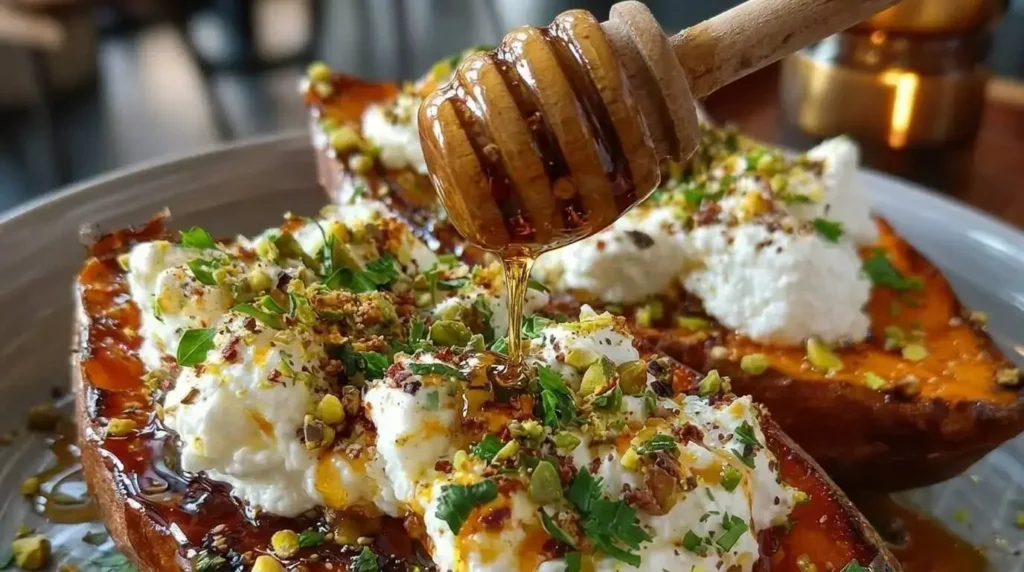 Hot honey drizzle on Mediterranean sweet potato recipe.