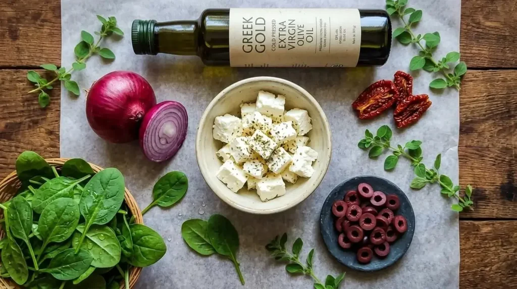 Ingredients for Mediterranean flatbread pizza on a wooden table.
