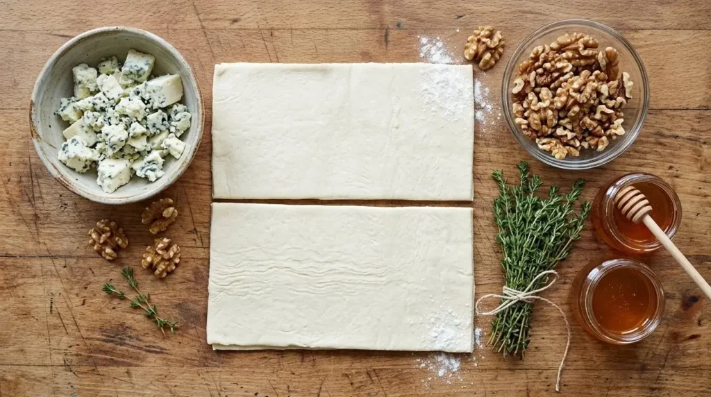 Raw ingredients for blue cheese and walnut puff pastry twirls on a rustic wooden table.