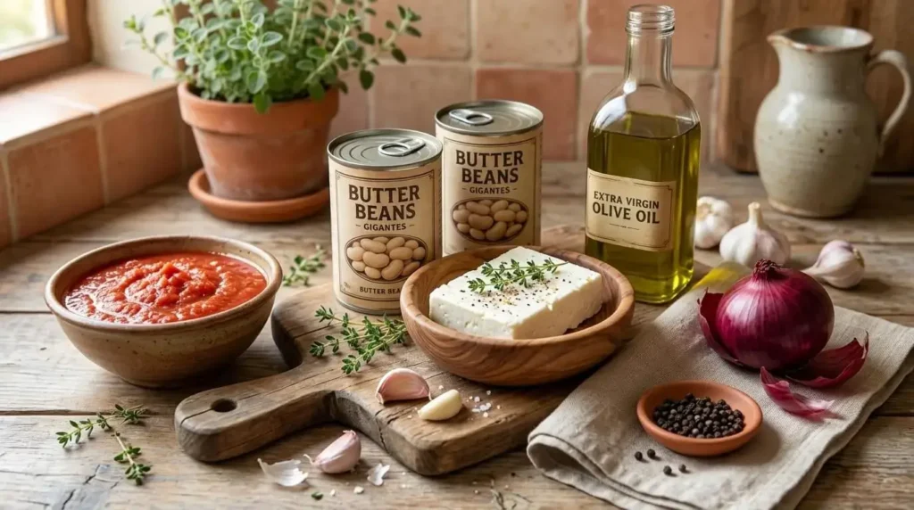 Ingredients for Baked Feta with Giant Beans including butter beans, feta block, and olive oil.