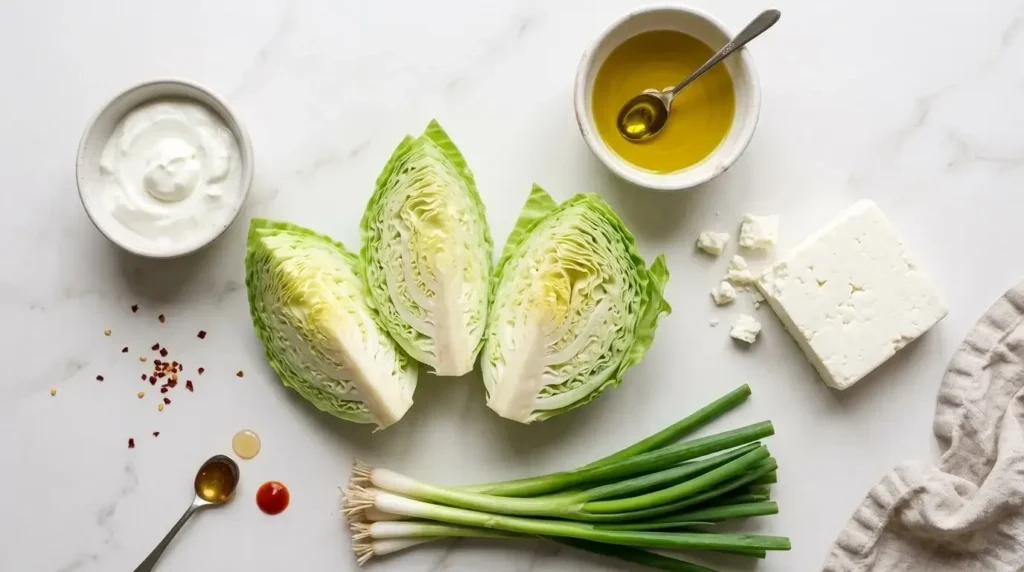 Raw sliced green cabbage wedges and ingredients for whipped feta side dish on marble counter.