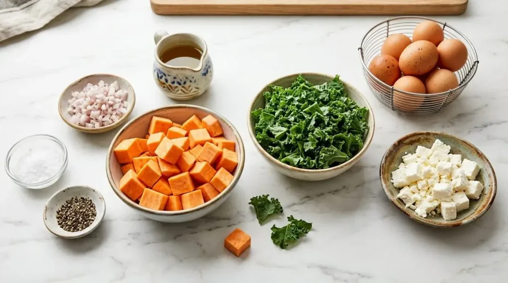 Raw ingredients for sweet potato kale and feta frittata arranged in white bowls on a marble countertop.