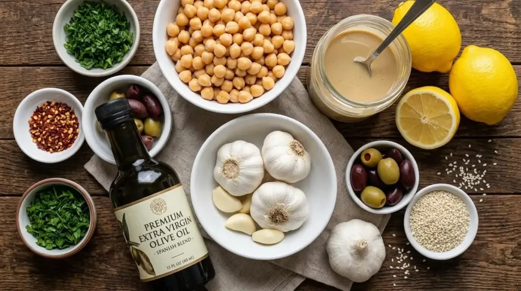 Ingredients for homemade Mediterranean hummus including chickpeas, tahini, and olives.