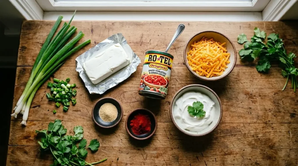Ingredients for an easy boat dip recipe including cream cheese, shredded cheddar, sour cream, and a can of Rotel tomatoes on a wooden surface.