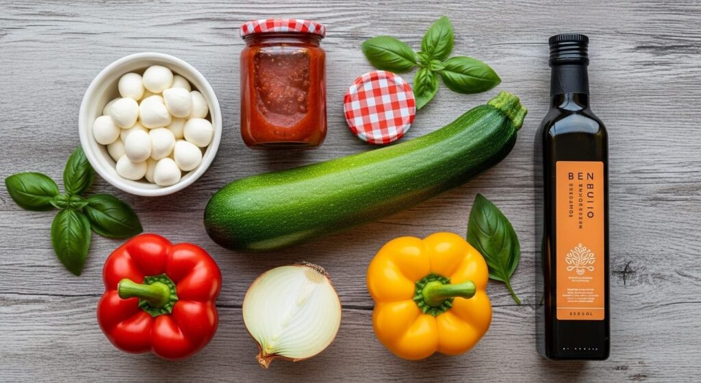 Fresh ingredients for a Mediterranean zucchini pizza casserole.