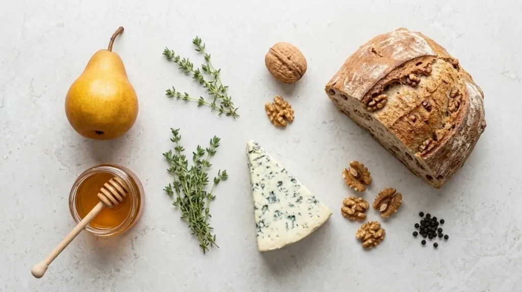 Mediterranean appetizer platter with pear gorgonzola toast and olives.