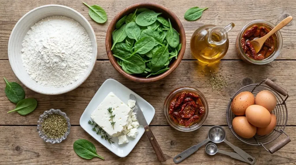 Fresh ingredients for Mediterranean savory muffins laid out on a wooden table.