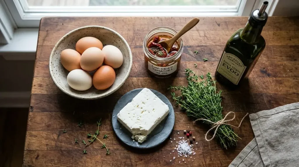 Wholesome ingredients for a Mediterranean spinach and feta quiche.