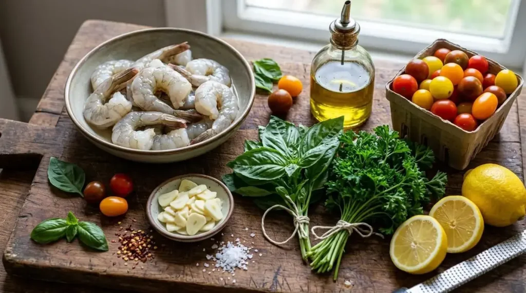 Fresh ingredients for shrimp spaghetti including cherry tomatoes, garlic, and herbs.