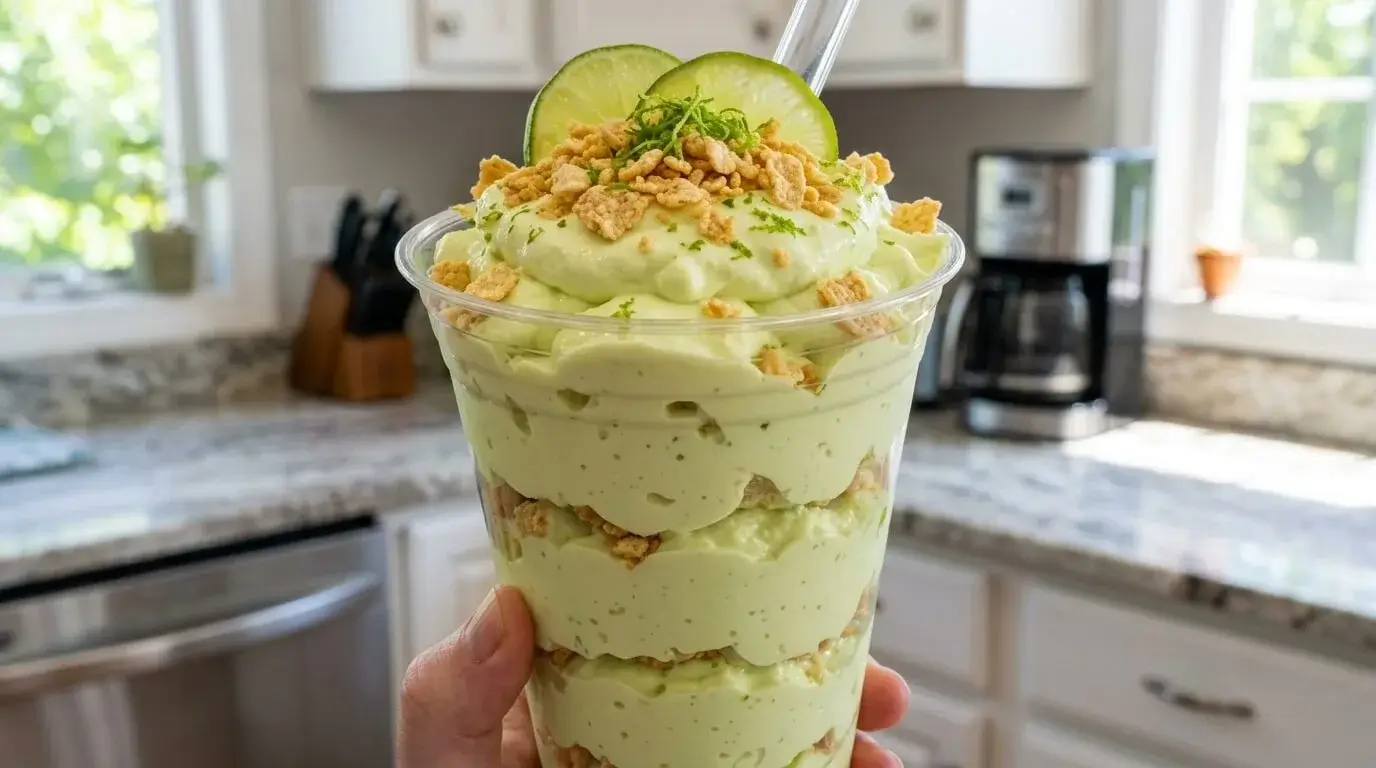 Individual layered No‑Bake Key Lime Pie Parfait in a clear cup with lime wheels and graham cracker crumbs.