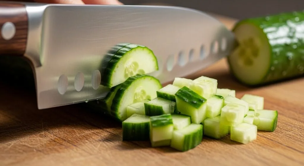 Dicing cucumbers for a Mediterranean chopped salad.