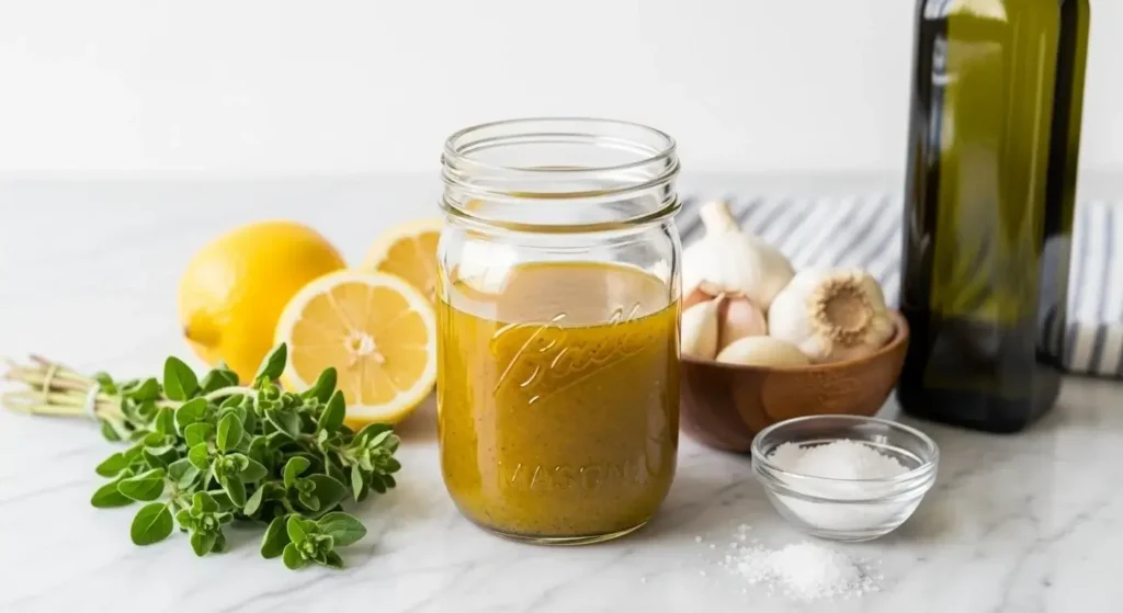 Homemade lemon herb salad dressing in a glass jar next to fresh lemons, garlic, and extra-virgin olive oil.