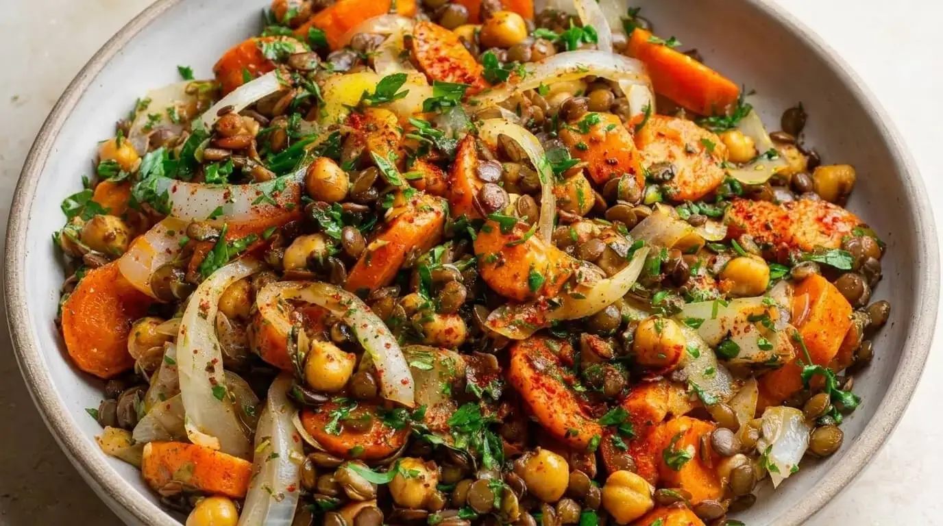 A close-up of a Spiced Lentil and Roasted Carrot Salad with chickpeas and fresh parsley in a ceramic serving bowl.