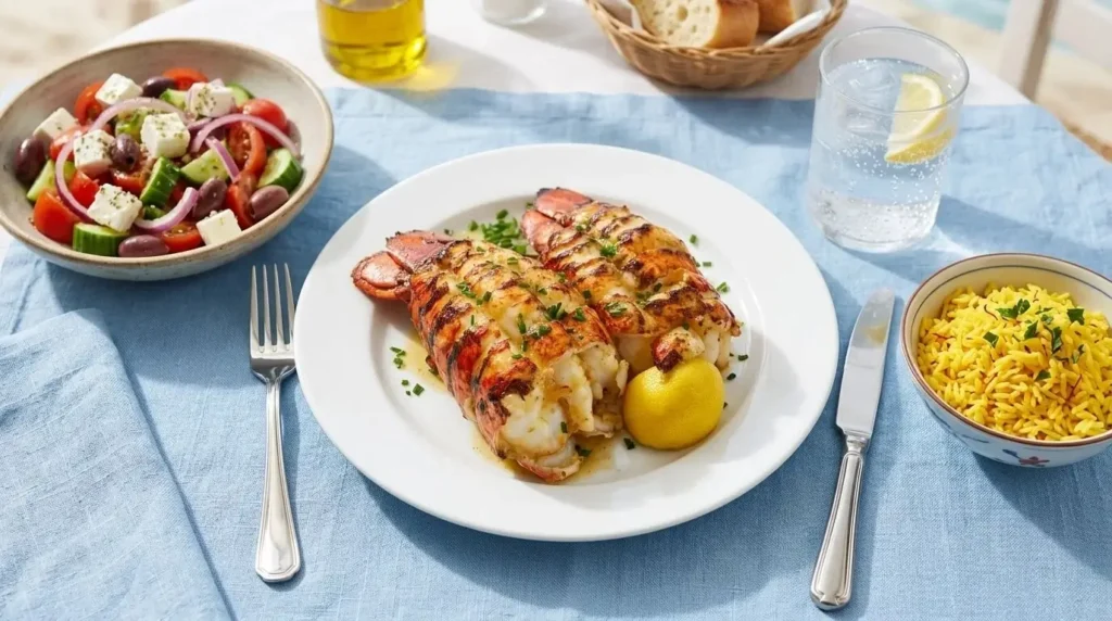 Mediterranean dinner spread featuring broiled lobster, salad, and rice.