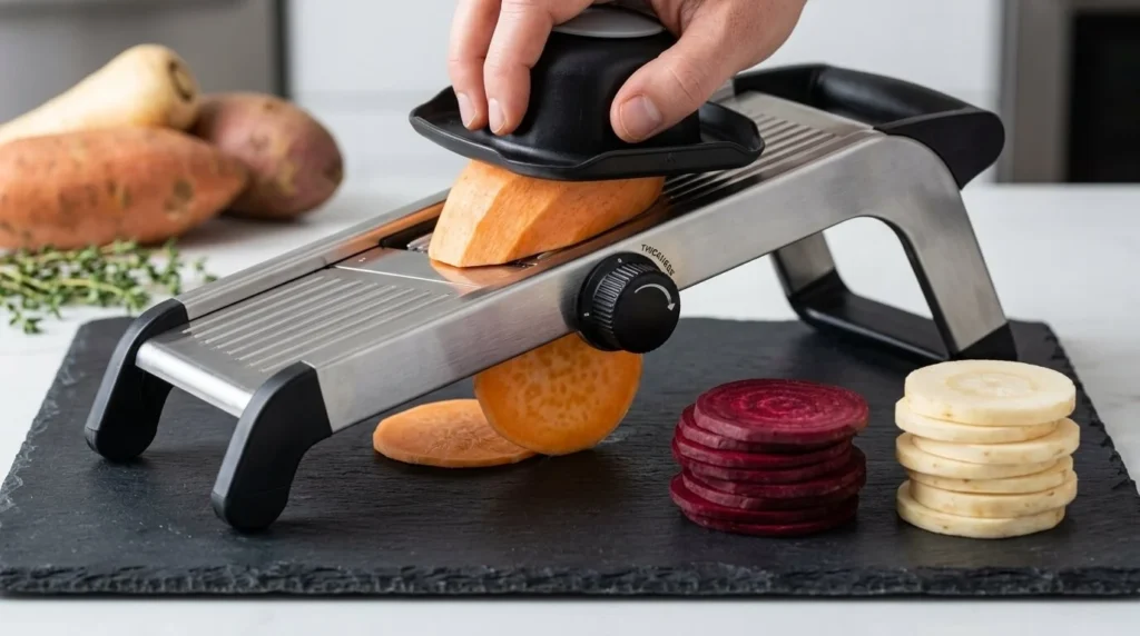 Slicing root vegetables thinly for a mediterranean vegetable gratin.