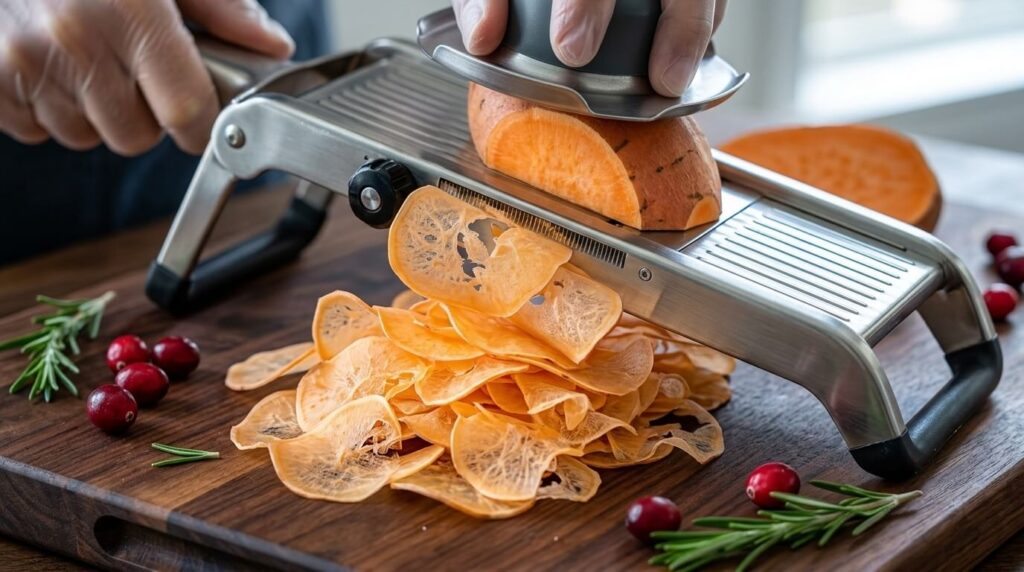 Using a mandoline to slice sweet potatoes for roses.