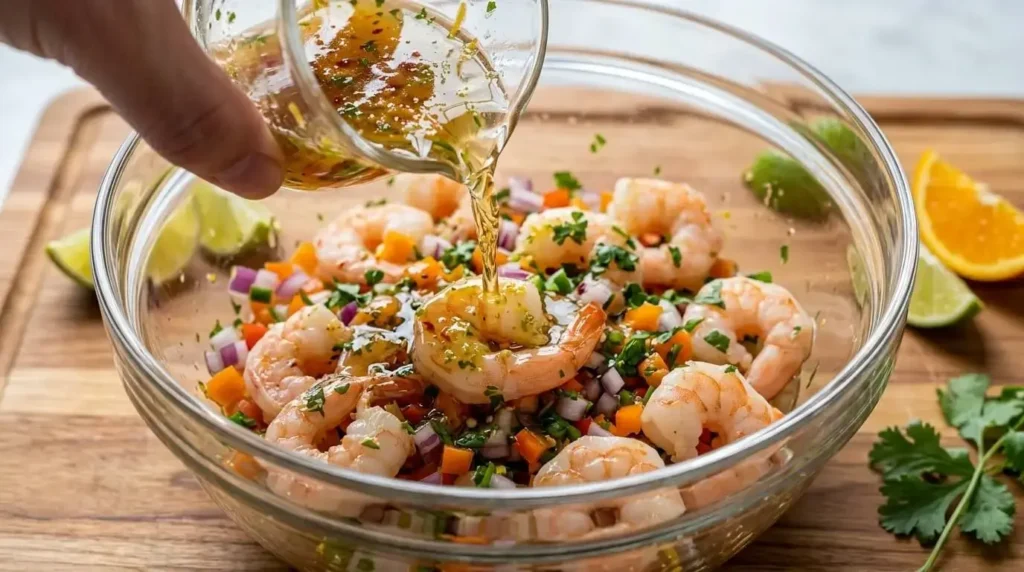 Refreshing citrus shrimp recipe marinade being mixed with fresh seafood.