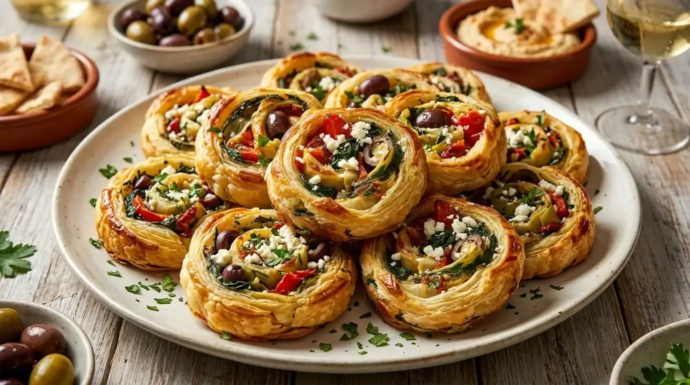Crispy Mediterranean Puff Pastry Pinwheels with spinach, feta, and roasted red peppers on a white platter.
