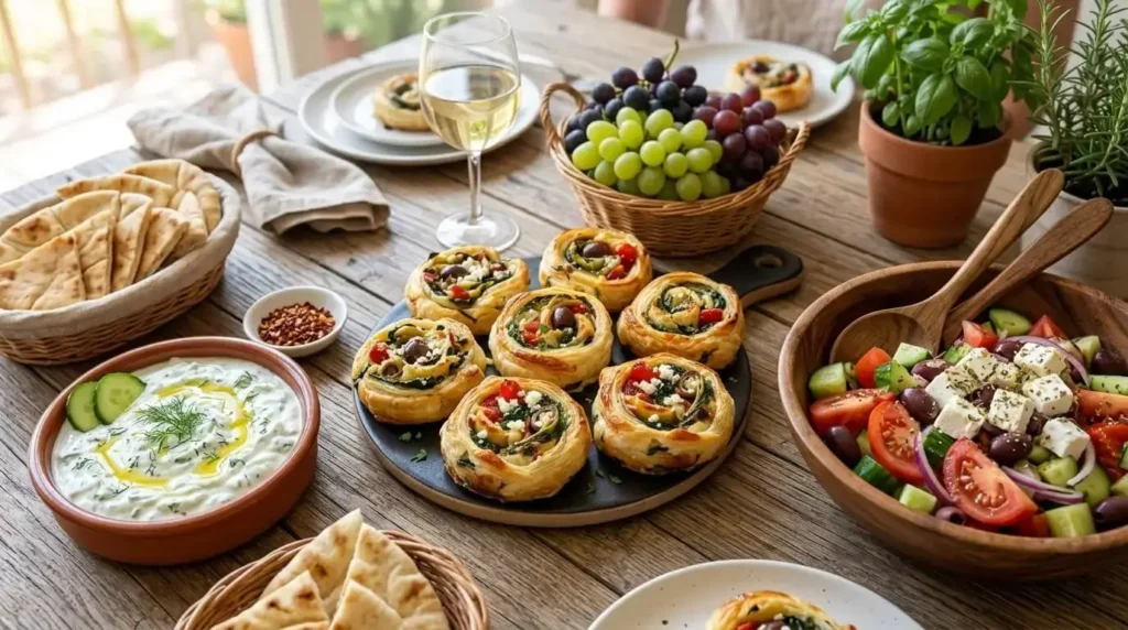 Mediterranean party appetizer spread featuring puff pastry pinwheels and dips.