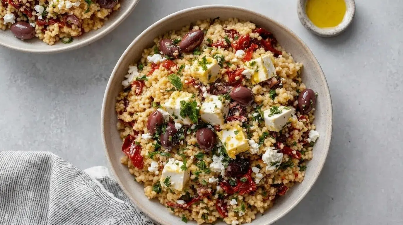 Healthy Mediterranean couscous salad recipe in serving bowl.