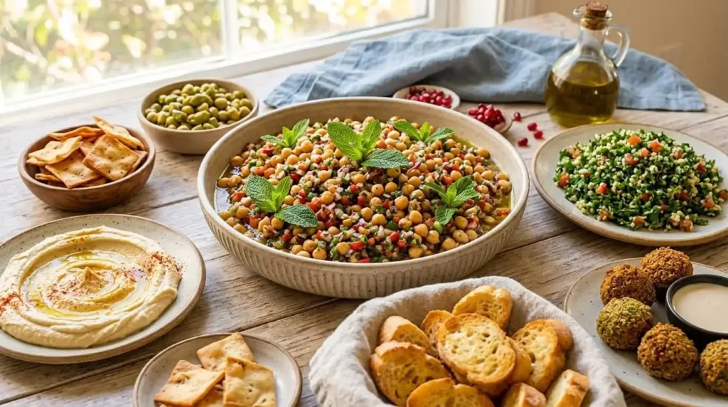 A Mediterranean mezze platter spread featuring a large bowl of Balela chickpea salad, hummus, and pita bread.