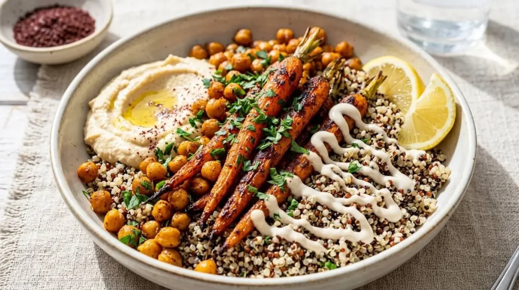 Harissa roasted carrots and chickpeas served in a Mediterranean grain bowl.