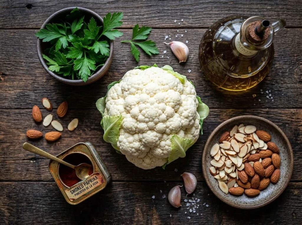 Mediterranean ingredients for roasted cauliflower steak and chimichurri