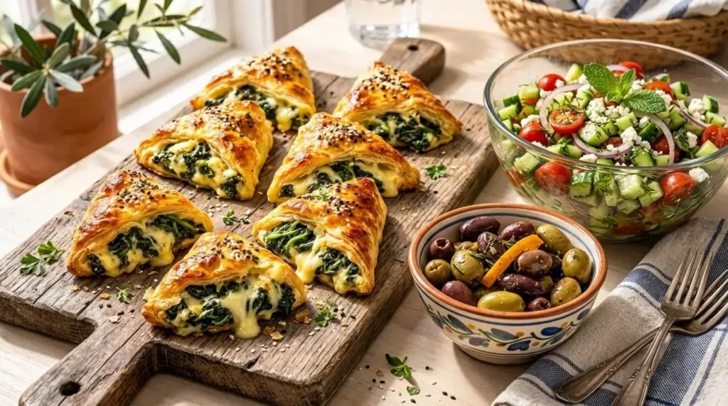 Mediterranean spinach cheese turnovers fresh from oven served with side salad.