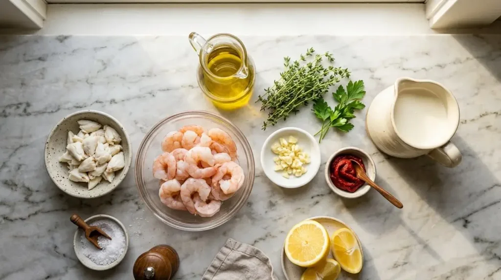 Ingredients for crab and shrimp seafood bisque recipe arranged on a white marble counter.