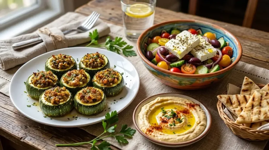 Baked stuffed zucchini rounds served with Mediterranean side dishes.