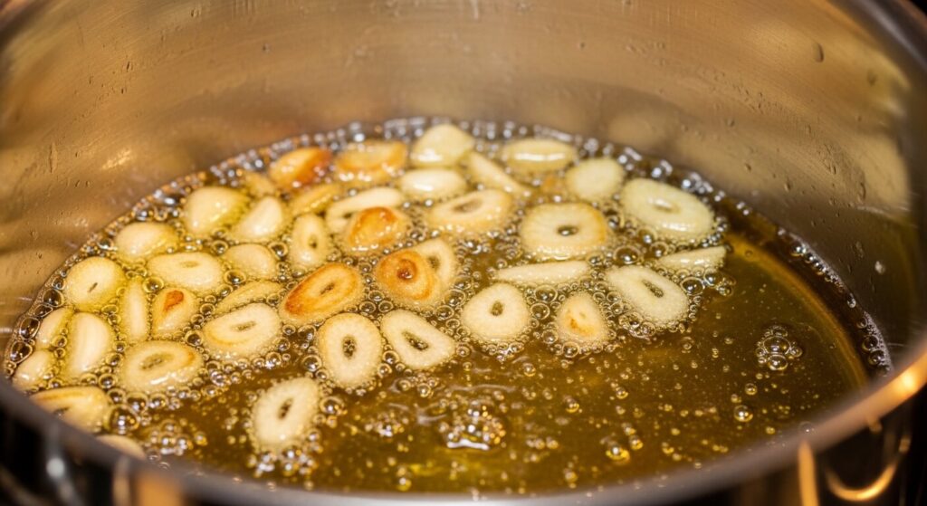 Minced garlic sautéing in olive oil for a soup base.
