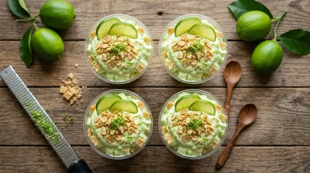 Overhead view of mini key lime pie dessert cups garnished with fresh lime zest and fruit wheels.
