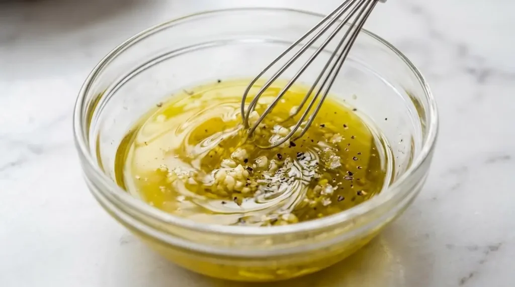 Homemade lemon garlic olive oil dressing being whisked in a glass bowl.