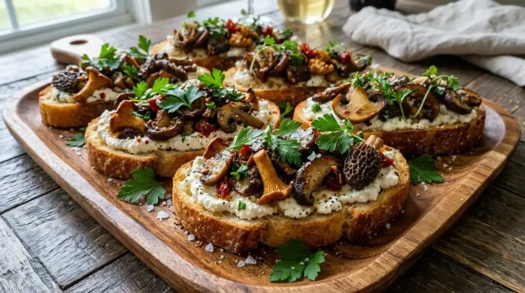 A rustic platter filled with assembled Mushroom and Ricotta Crostini garnished with fresh parsley and flaky sea salt.
